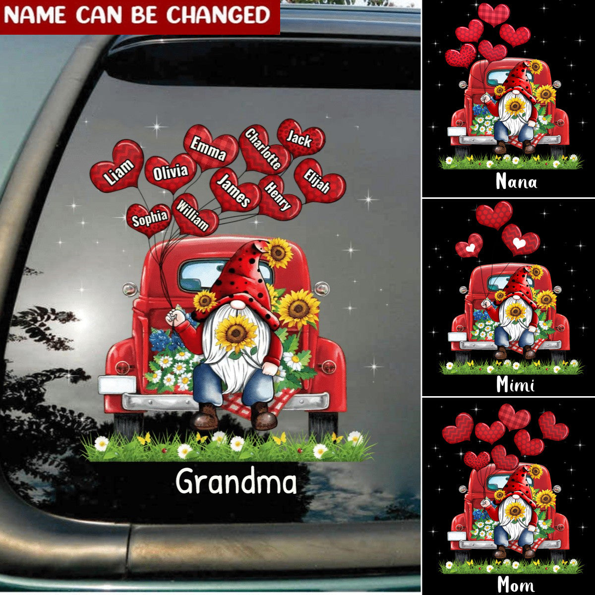 Personalized Grandma Mom Abuela Gnome Red Truck Decal