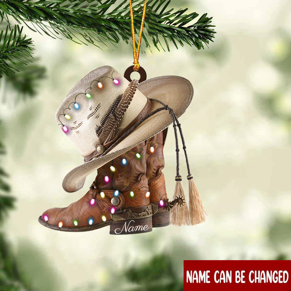 BOOTS AND HAT COWBOY with Christmas Light - Personalized Christmas Flat Car Ornament