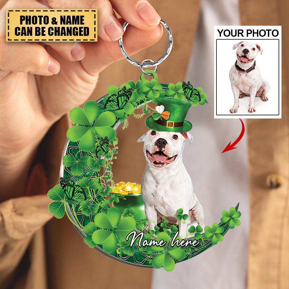 Personalized Name St Patty's Saint Patrick's Day Dog Moon Keychain - For Dog Lovers