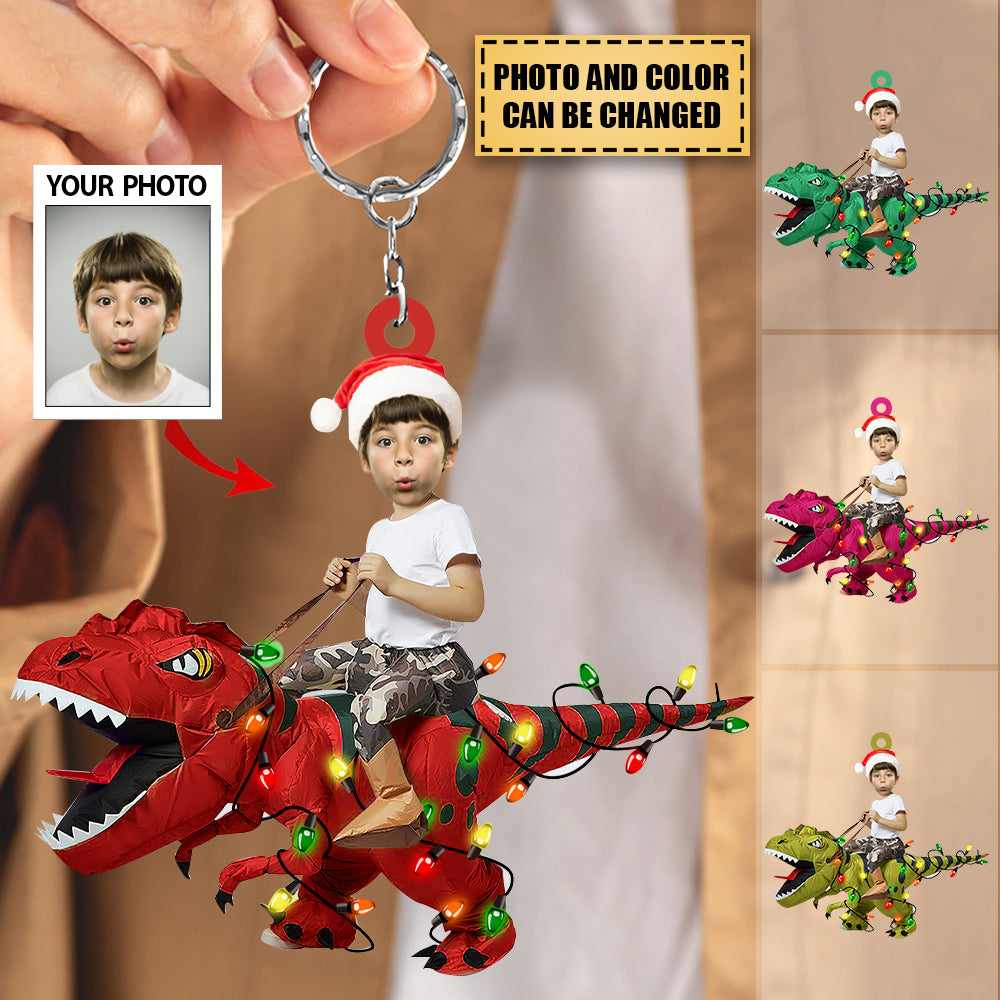 Personalized Cute Kid Rides The Dinosaurus Christmas Light Keychain