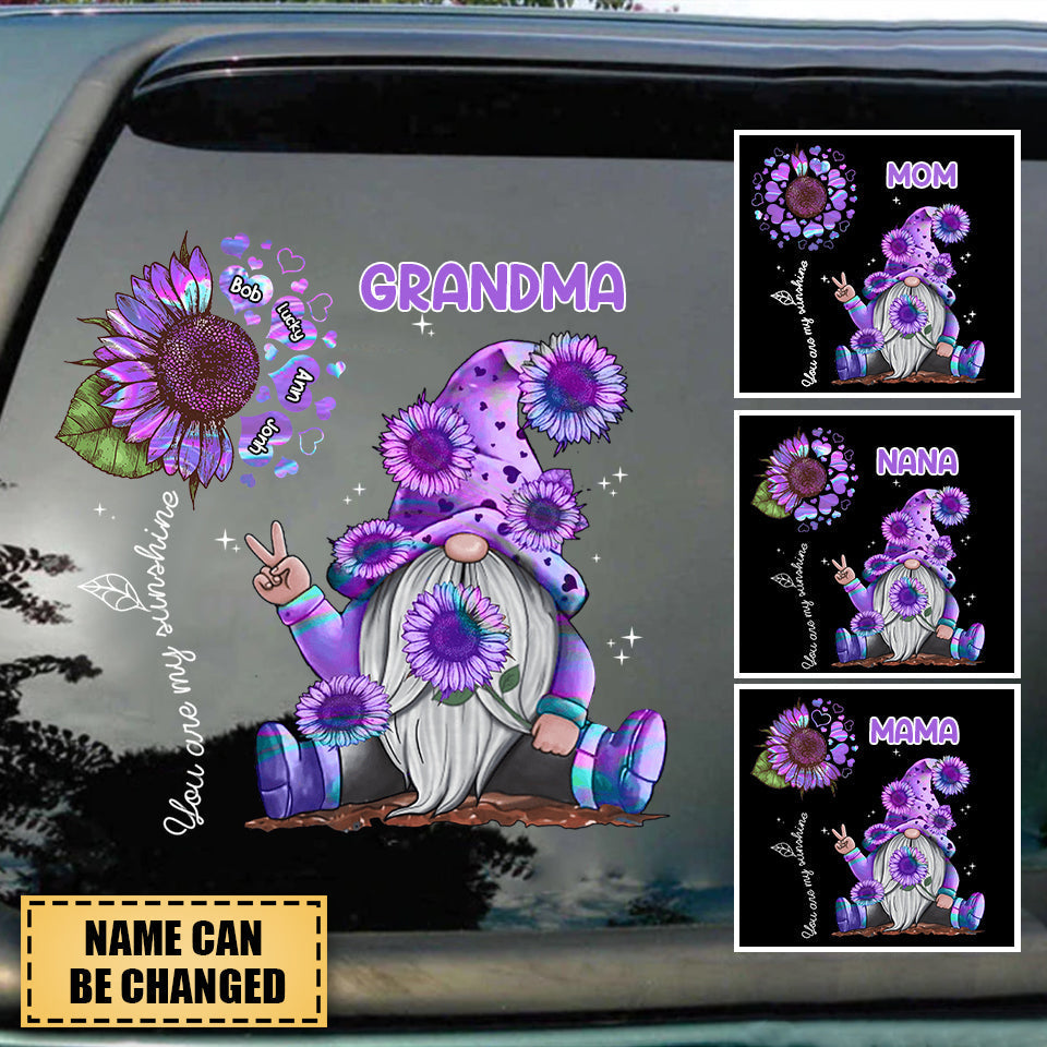 Hologram Sunflower Grandma- Mom Gnome With Sweet Heart Kids, You Are My Sunshine Nana Personalized Decal