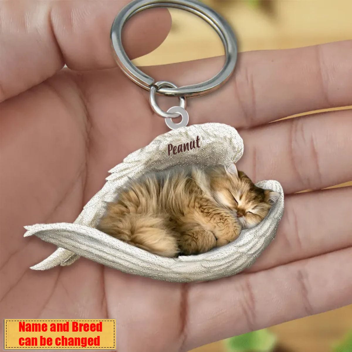 Personalized Stainless Cat Sleeping Angel Keychain - Double Sides Printed