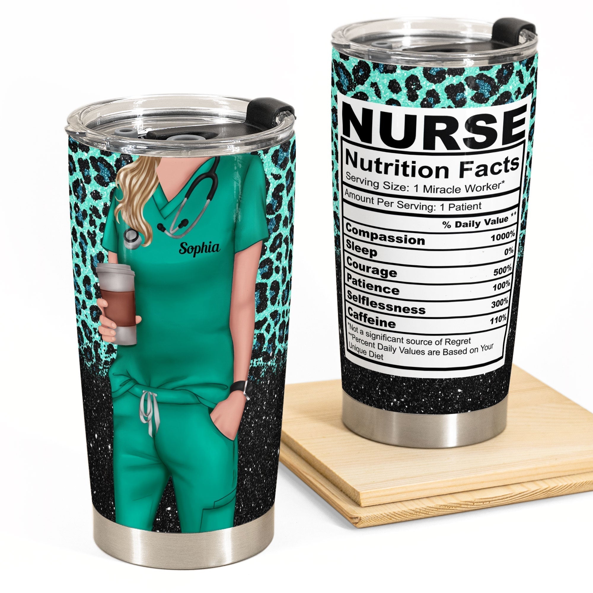 Nurse Life Nutrition Facts - Personalized Tumbler Cup - Gift For Doctor & Nurse - Glitter Leopard Design