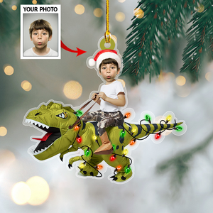 Personalized Cute Kid Rides The Dinosaurus Christmas Light Ornament